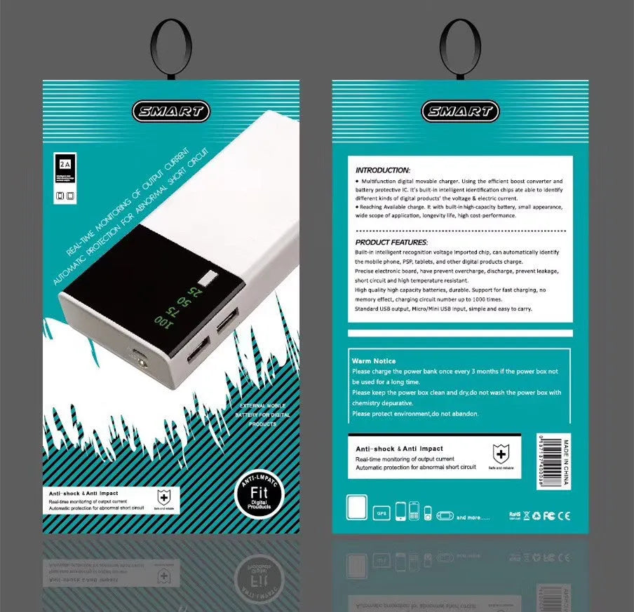 Black 20000mAh power bank with plastic casing showing dimensions of 135mm by 60mm by 20mm