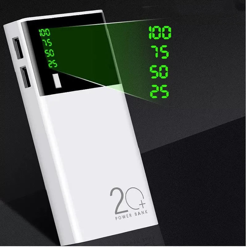 Black 20000mAh power bank with plastic casing showing dimensions of 135mm by 60mm by 20mm
