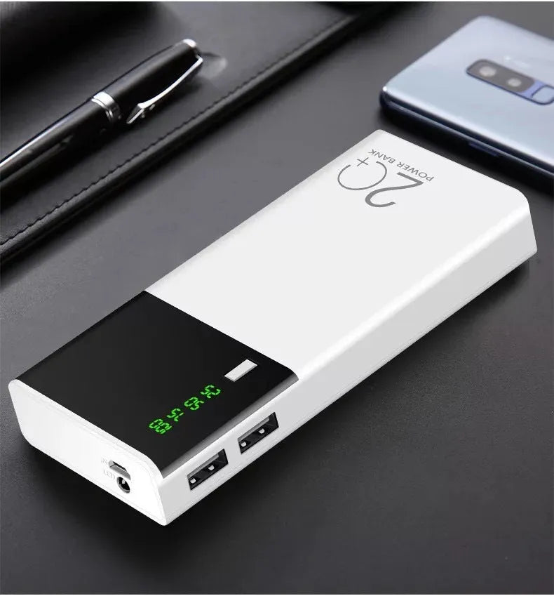 Black 20000mAh power bank with plastic casing showing dimensions of 135mm by 60mm by 20mm