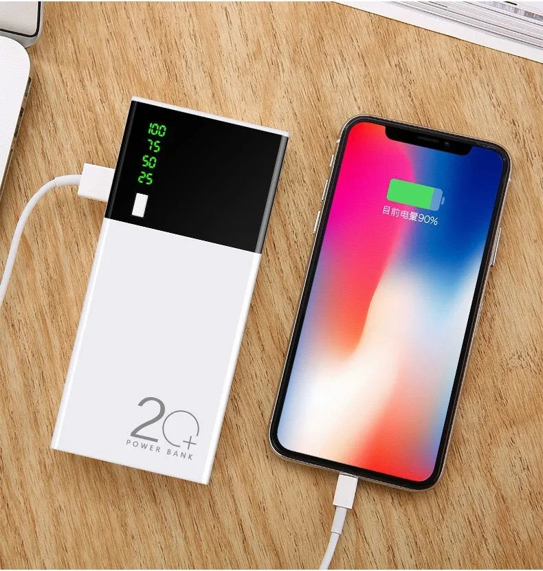 Black 20000mAh power bank with plastic casing showing dimensions of 135mm by 60mm by 20mm