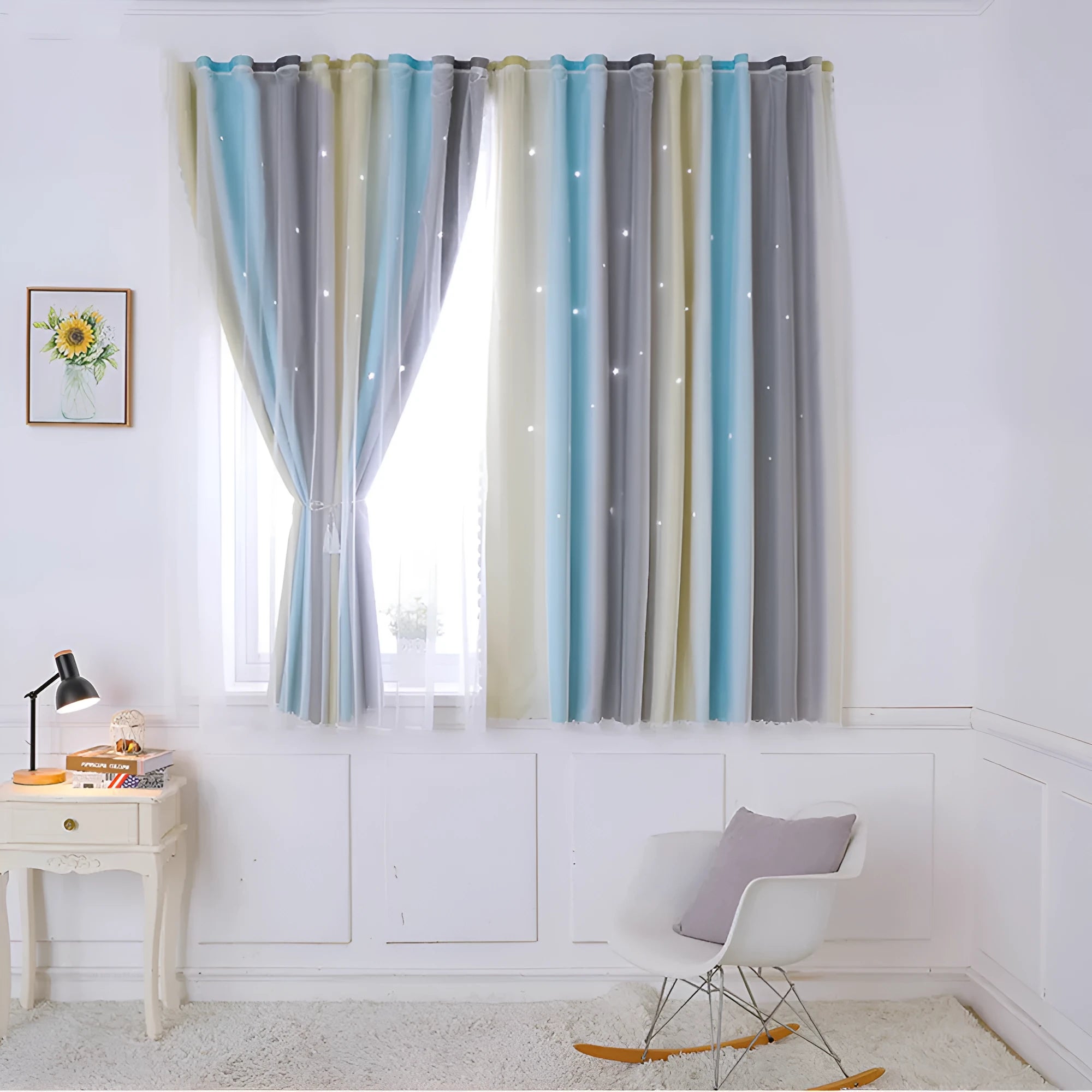 Grey and yellow rainbow gradient blackout curtains with star cut-outs for girls bedroom, adhesive no-drill installation
