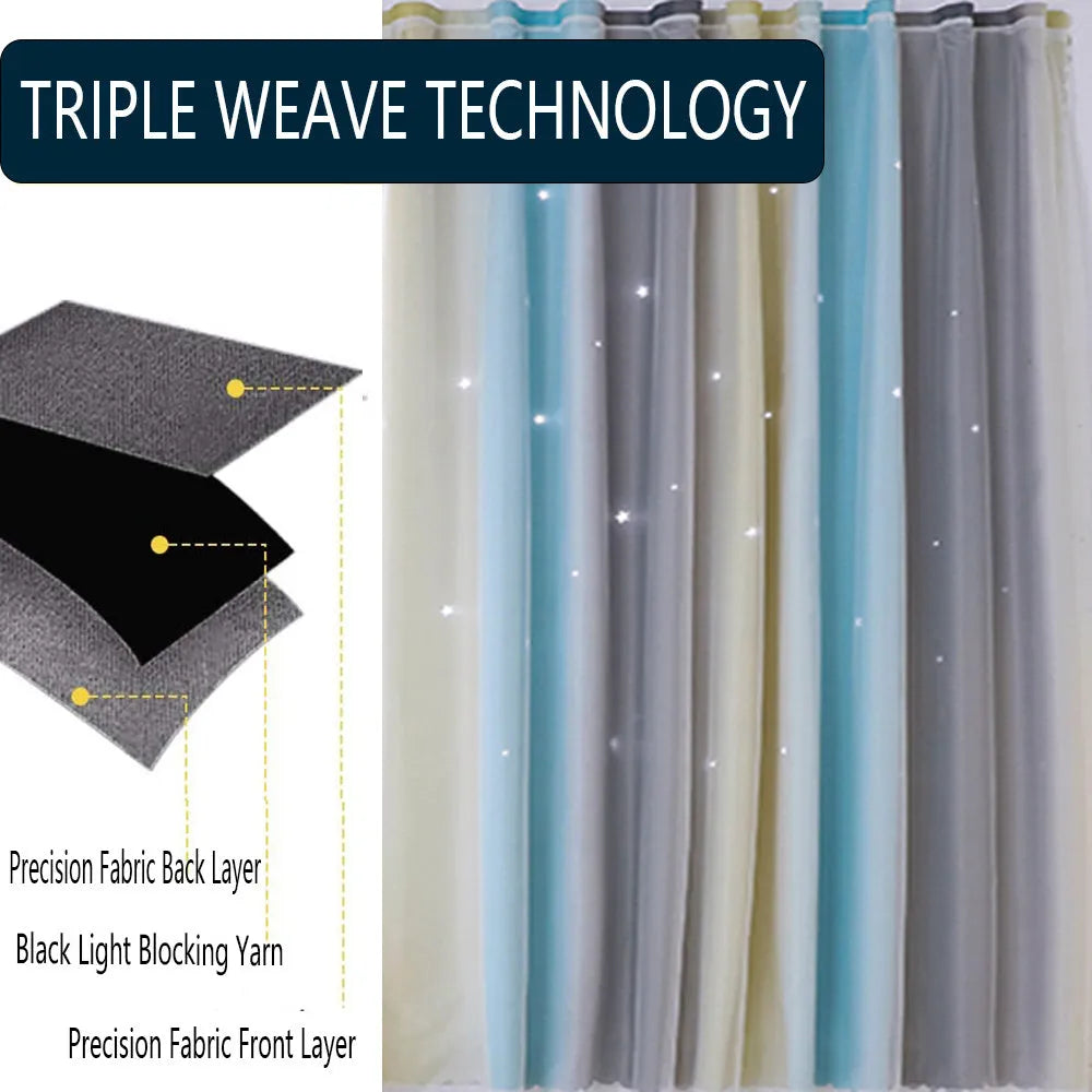 Grey and yellow rainbow gradient blackout curtains with star cut-outs for girls bedroom, adhesive no-drill installation
