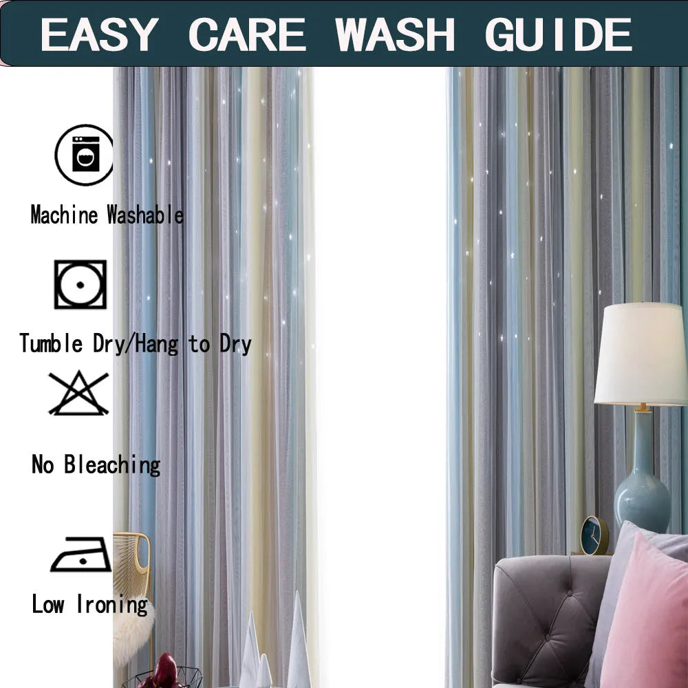 Grey and yellow rainbow gradient blackout curtains with star cut-outs for girls bedroom, adhesive no-drill installation