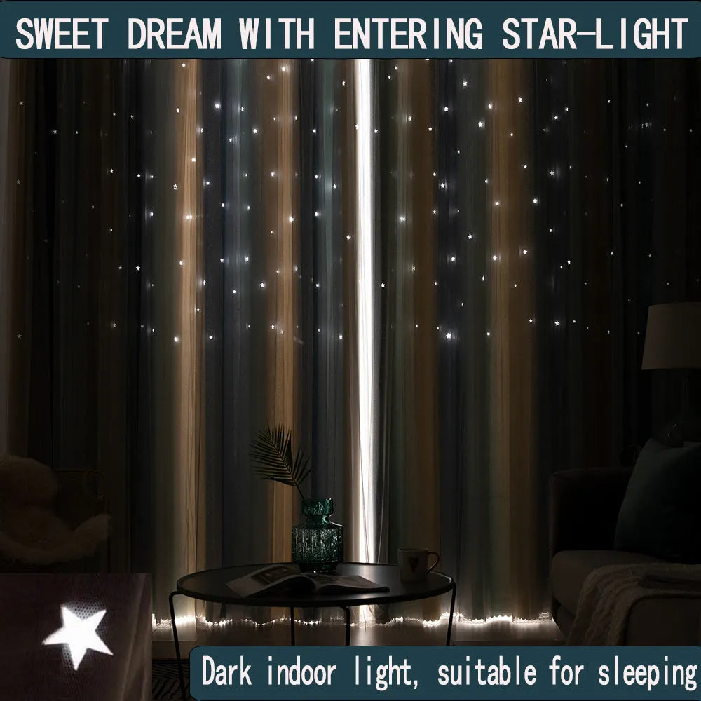 Grey and yellow rainbow gradient blackout curtains with star cut-outs for girls bedroom, adhesive no-drill installation