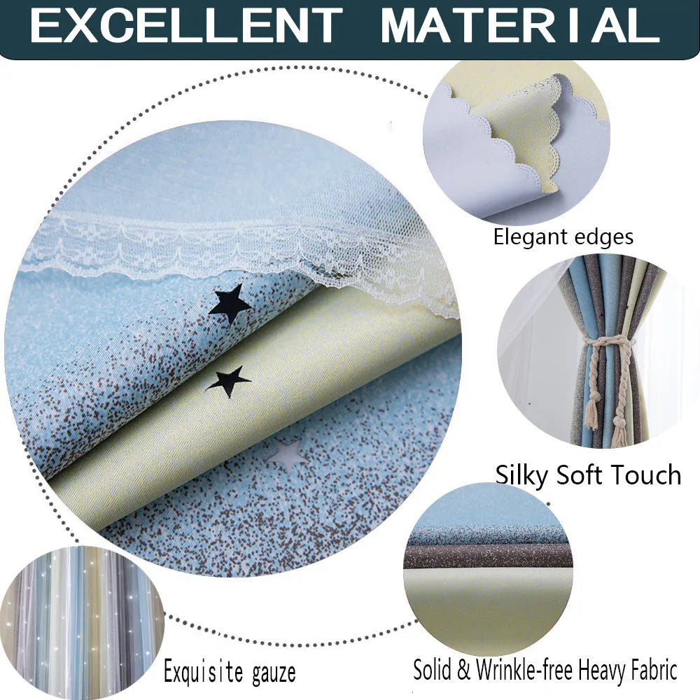 Grey and yellow rainbow gradient blackout curtains with star cut-outs for girls bedroom, adhesive no-drill installation