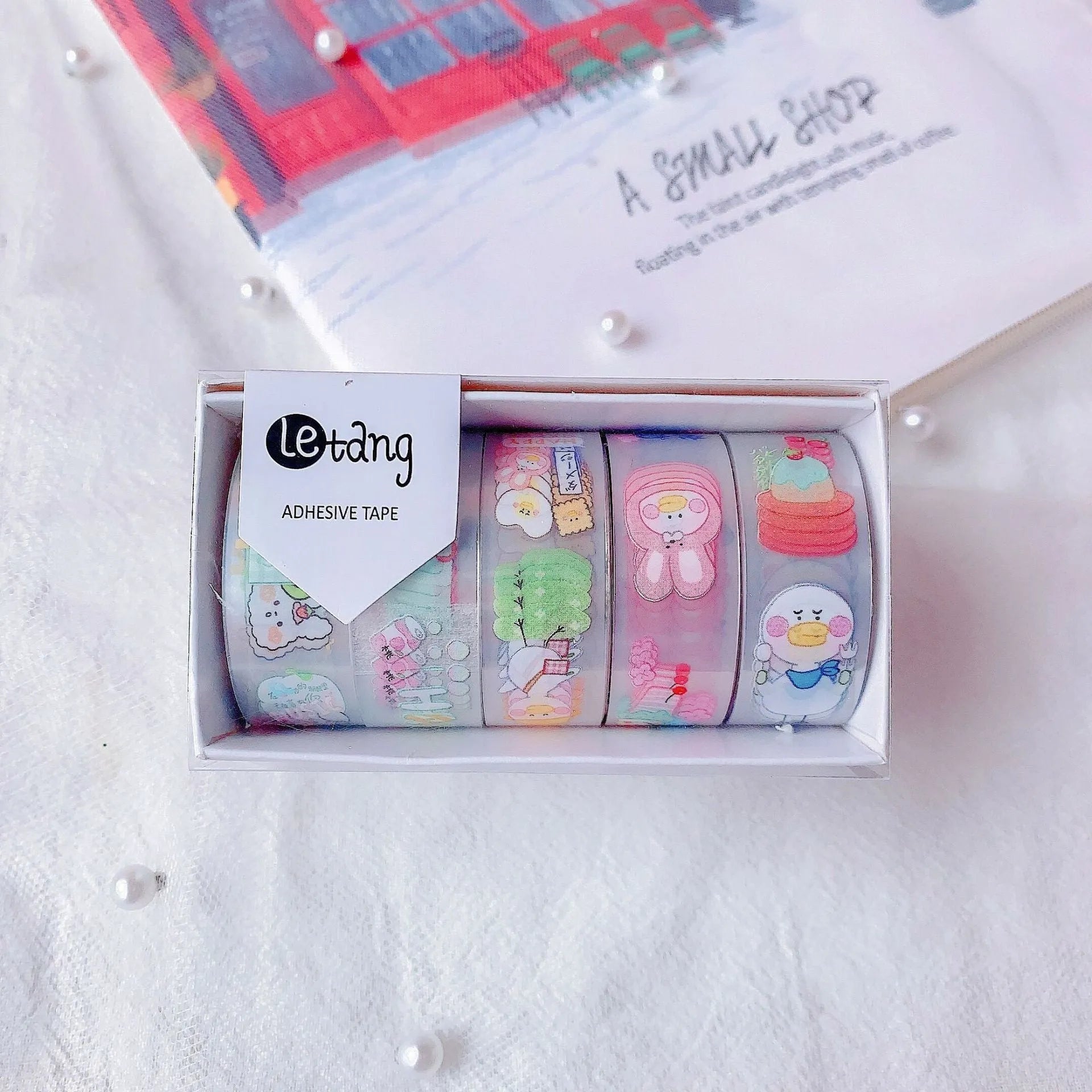 Aesthetic college style washi tape sticker set with 1.5cm wide tape rolls and five sticker packs in cartoon designs