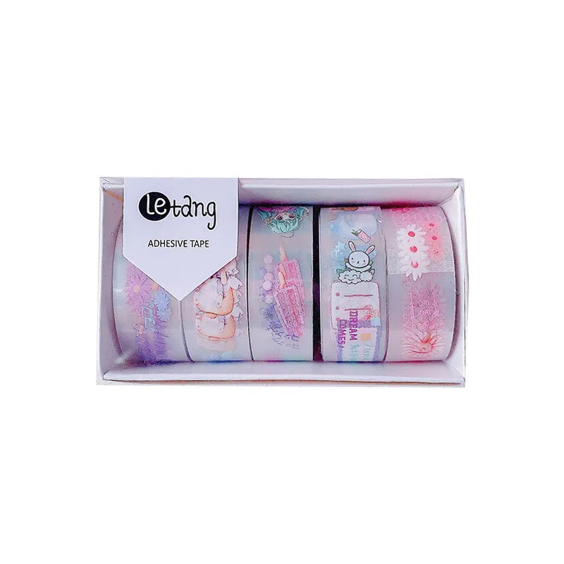 Aesthetic college style washi tape sticker set with 1.5cm wide tape rolls and five sticker packs in cartoon designs