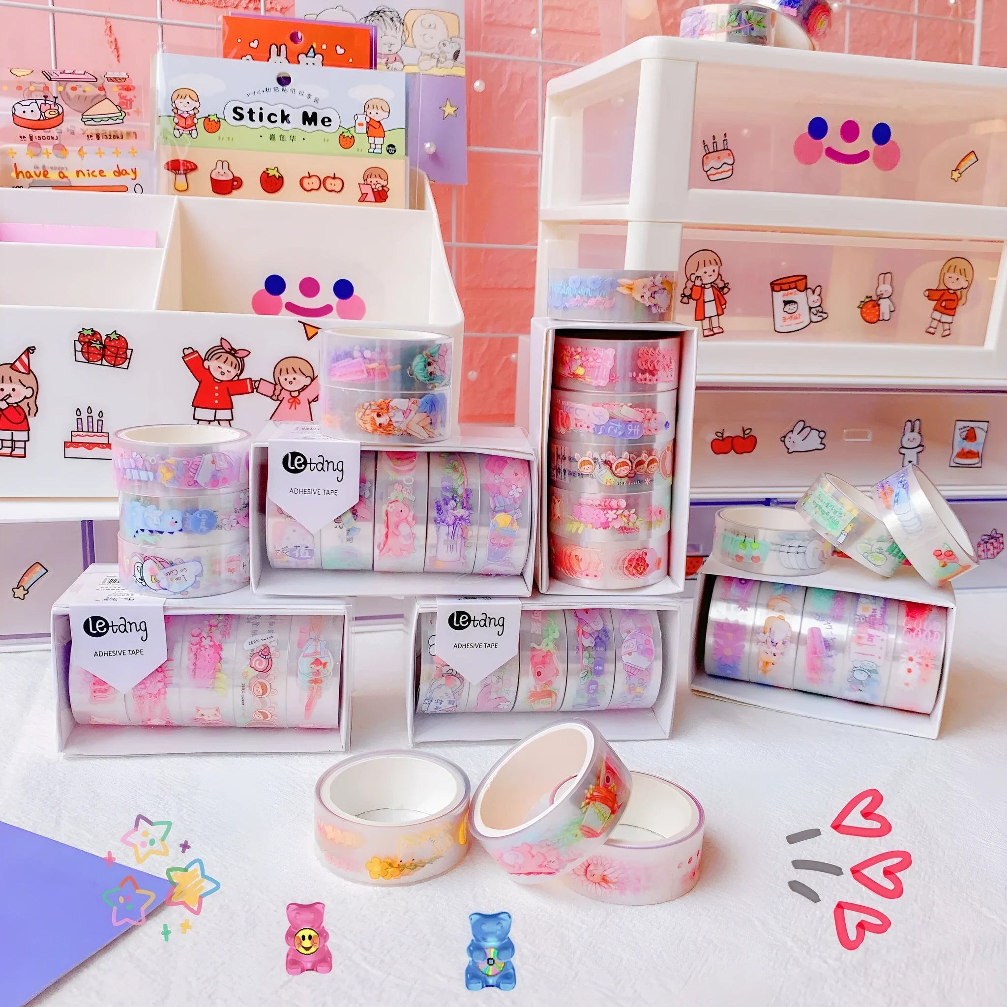 Aesthetic college style washi tape sticker set with 1.5cm wide tape rolls and five sticker packs in cartoon designs
