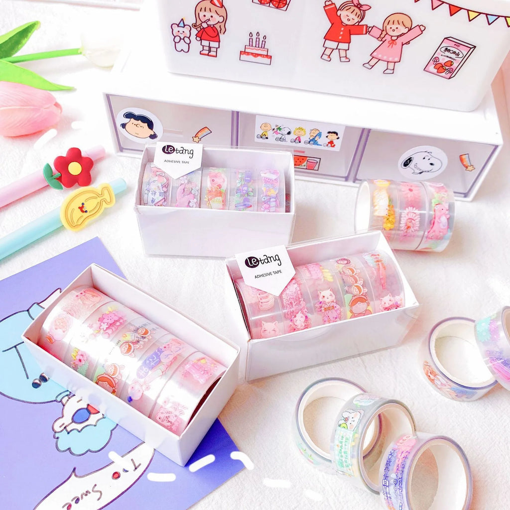 Aesthetic college style washi tape sticker set with 1.5cm wide tape rolls and five sticker packs in cartoon designs