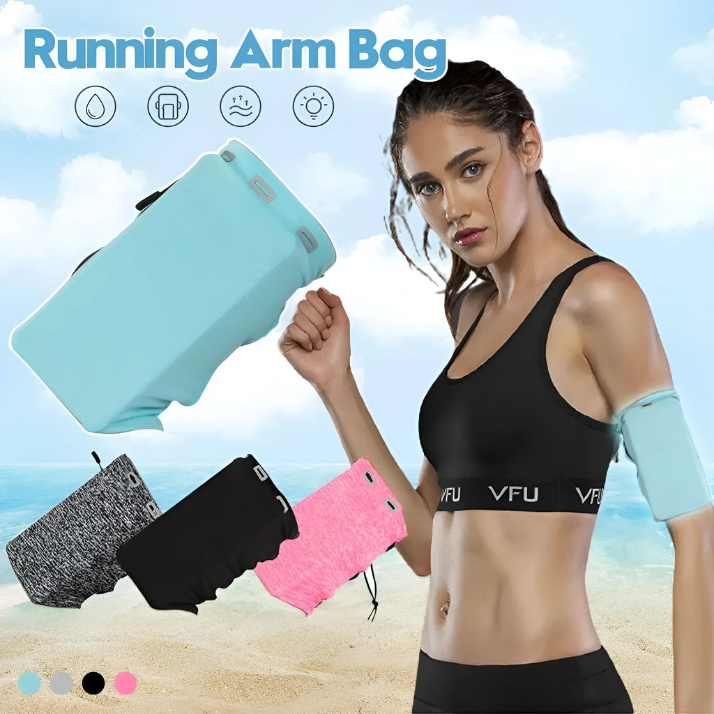 Outdoor sports phone arm holder with adjustable elastic cord, dual pockets, black colour on a white background