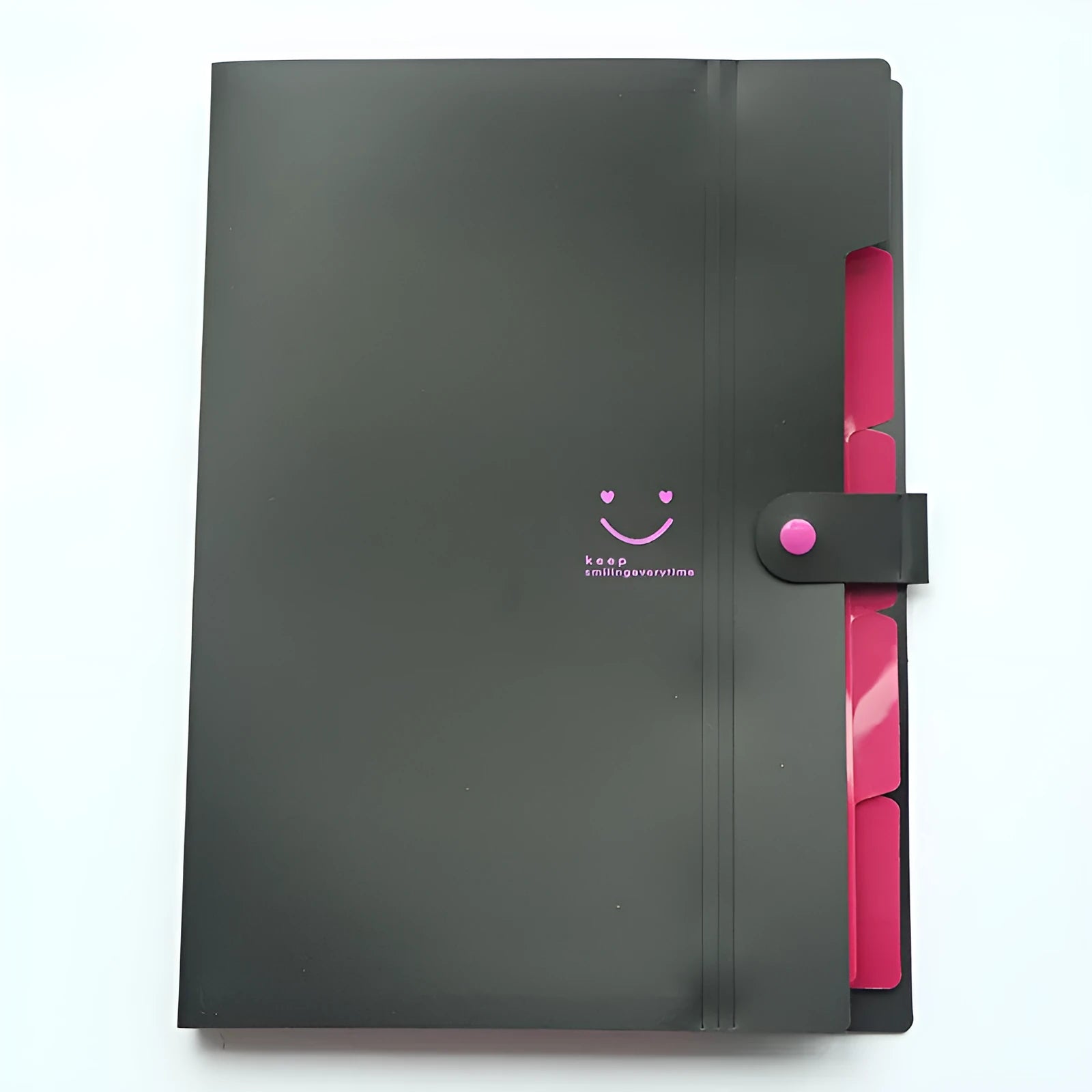 A4 plastic multi-page file folder in black, measuring 32.4 x 23.6 x 1.9 cm, open to show internal layers