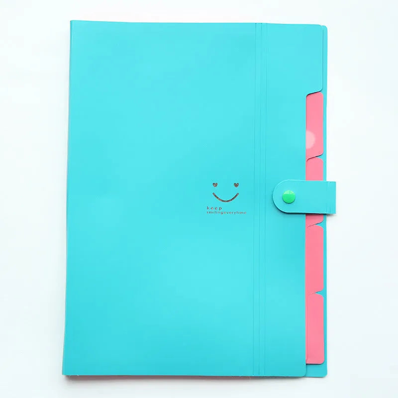 A4 plastic multi-page file folder in black, measuring 32.4 x 23.6 x 1.9 cm, open to show internal layers