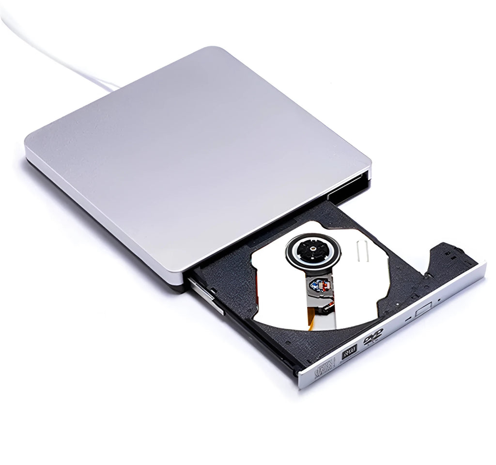 External USB 3.0 DVD burner tray type drive in black with black wire rod