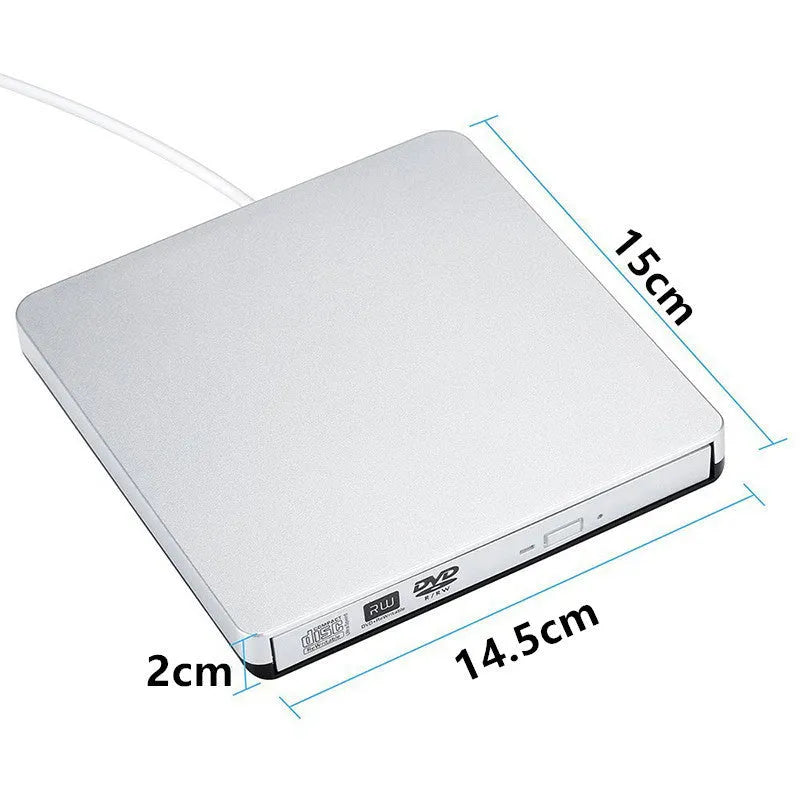 External USB 3.0 DVD burner tray type drive in black with black wire rod