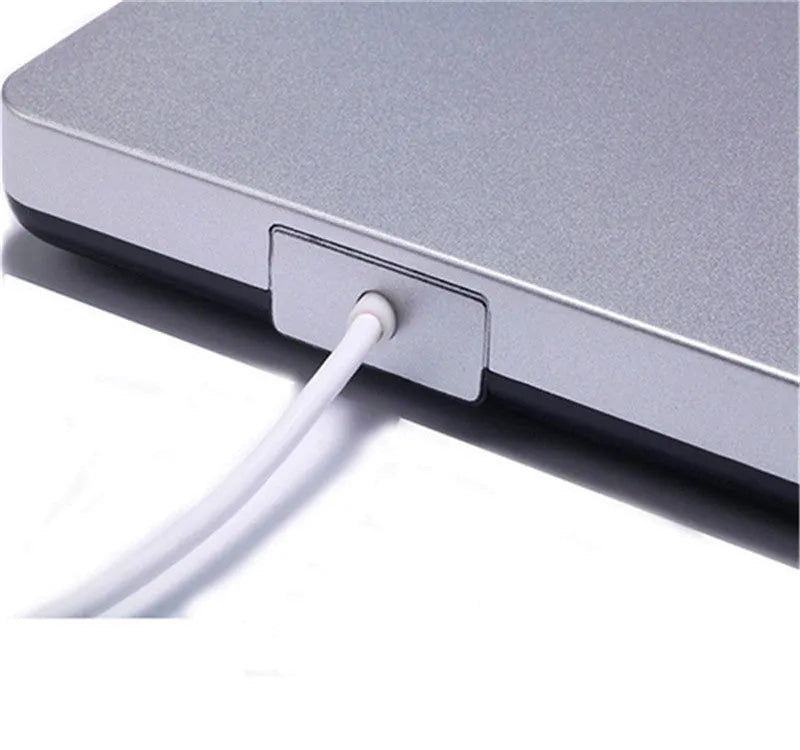 External USB 3.0 DVD burner tray type drive in black with black wire rod
