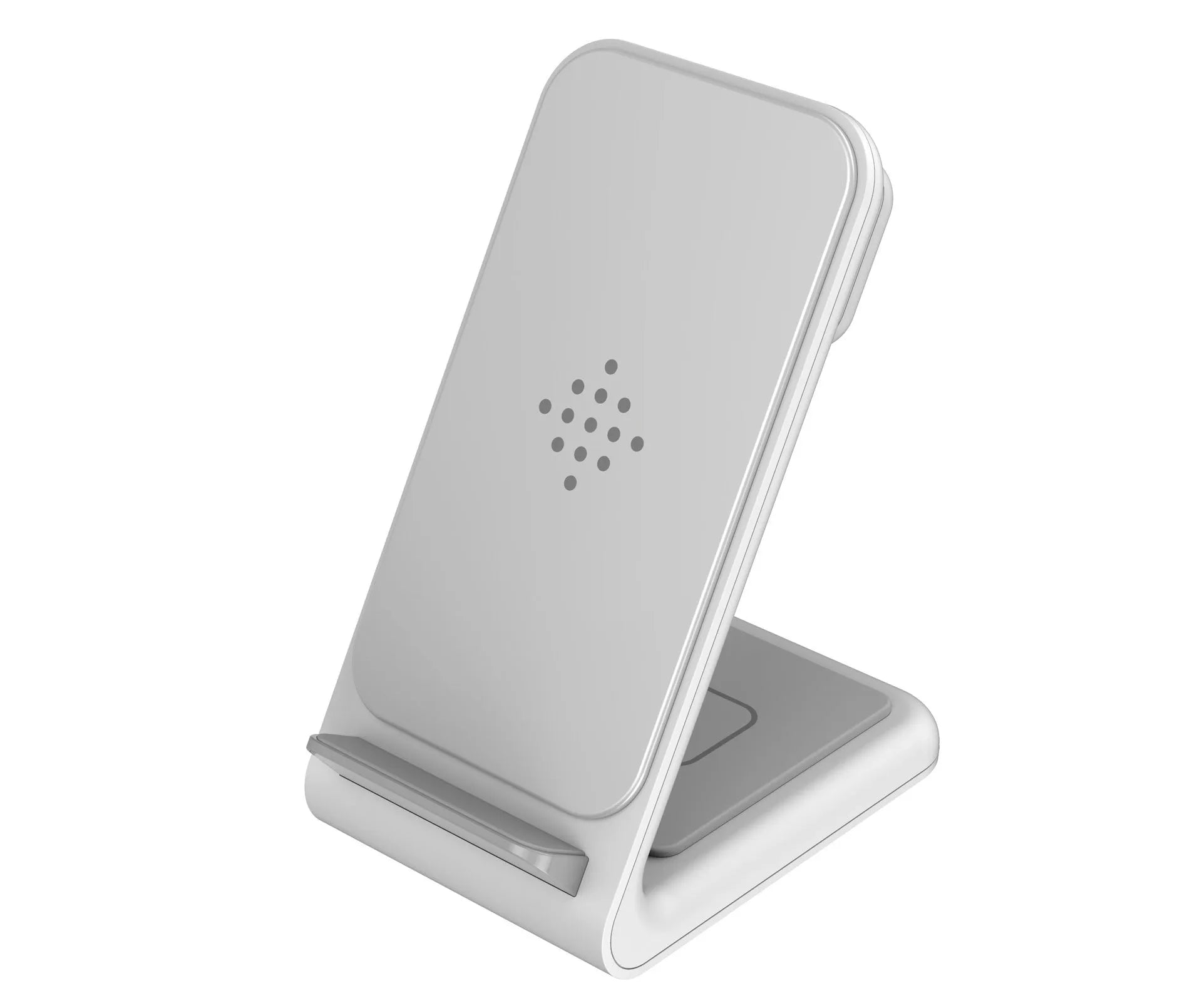 Three-in-one fast wireless charger bracket in black ABS and silicone, holding a phone, smartwatch, and TWS earbuds