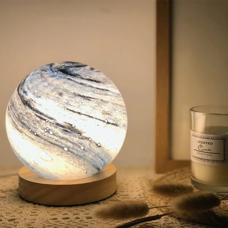 Nordic style bedside table lamp with glass shade and USB cable in selected colour