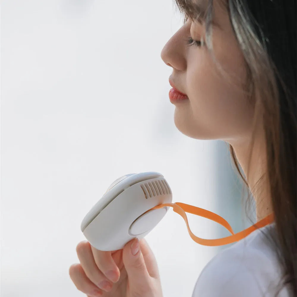Portable hanging neck fan USB rechargeable mini fan with 3 speeds, 1200mAh battery, compact 82x63x48mm size, white-squirrel colour