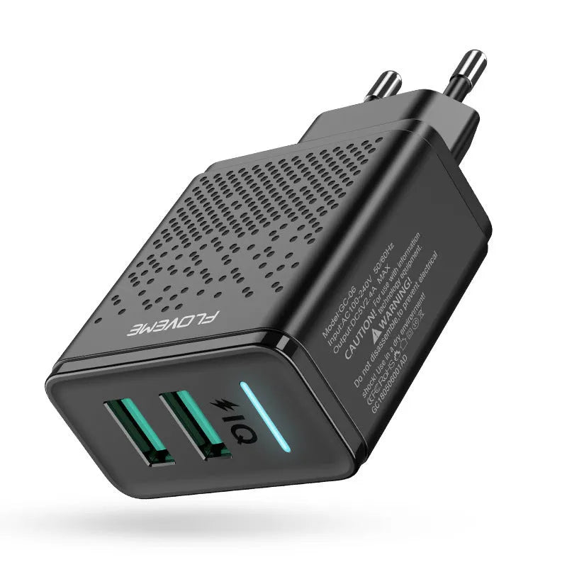 Dual USB port charger with EU two-pin plug in black or white colour