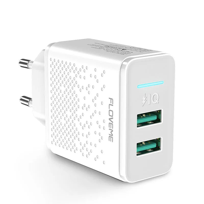 Dual USB port charger with EU two-pin plug in black or white colour