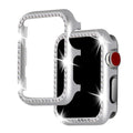 Aluminium alloy protective case with diamond frame for Apple Watch in silver, black, rose gold, rose pink, and gold colours.