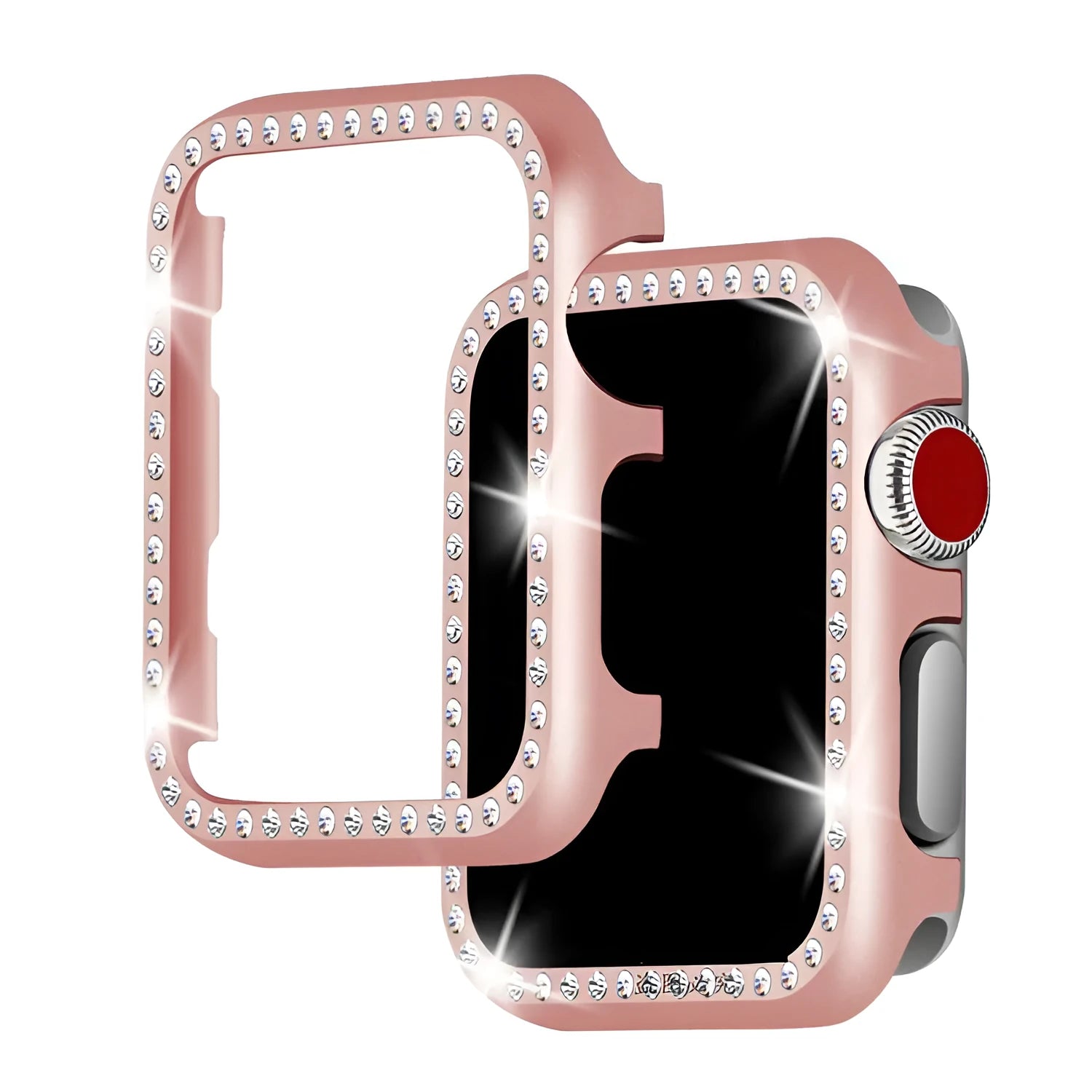 Aluminium alloy protective case with diamond frame for Apple Watch in silver, black, rose gold, rose pink, and gold colours.
