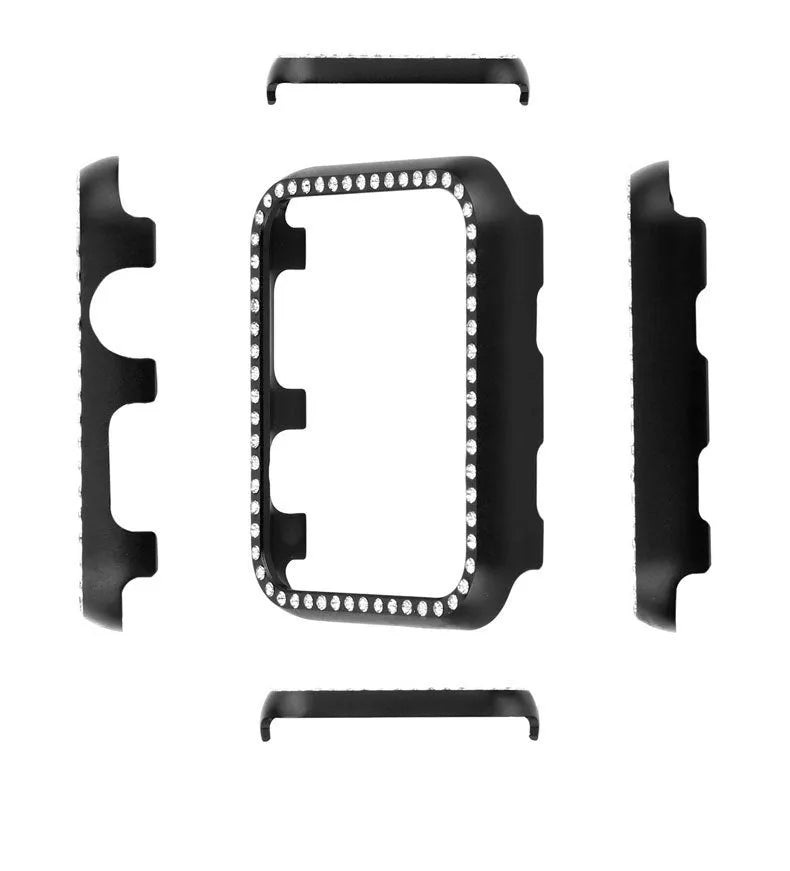 Aluminium alloy protective case with diamond frame for Apple Watch in silver, black, rose gold, rose pink, and gold colours.
