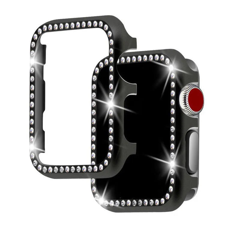 Aluminium alloy protective case with diamond frame for Apple Watch in silver, black, rose gold, rose pink, and gold colours.