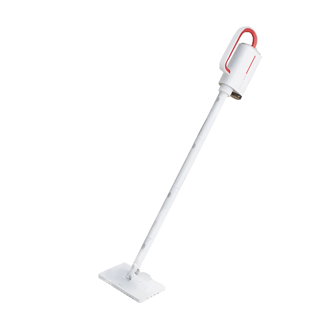 Deerma ZQ610 white steam cleaner with five brush heads, glass scraper, and corrugated pipe on a light background