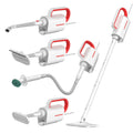Deerma ZQ610 white steam cleaner with five brush heads, glass scraper, and corrugated pipe on a light background