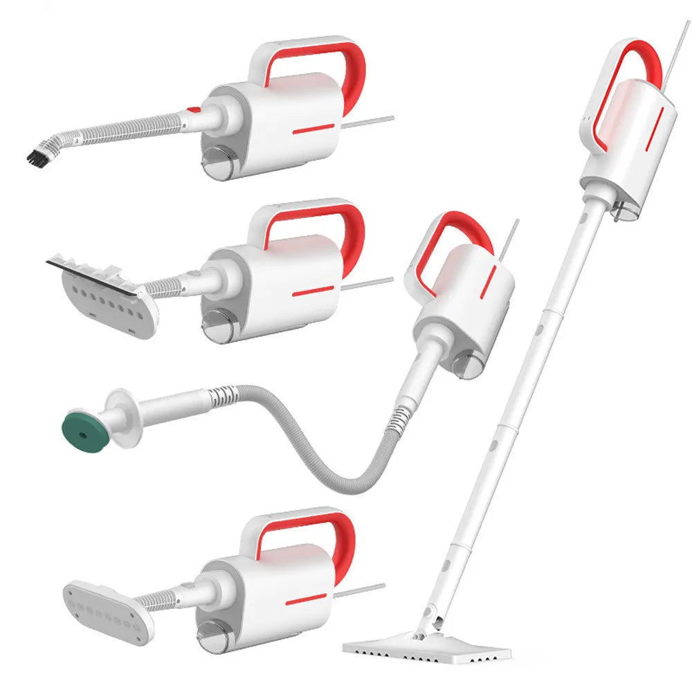 Deerma ZQ610 white steam cleaner with five brush heads, glass scraper, and corrugated pipe on a light background