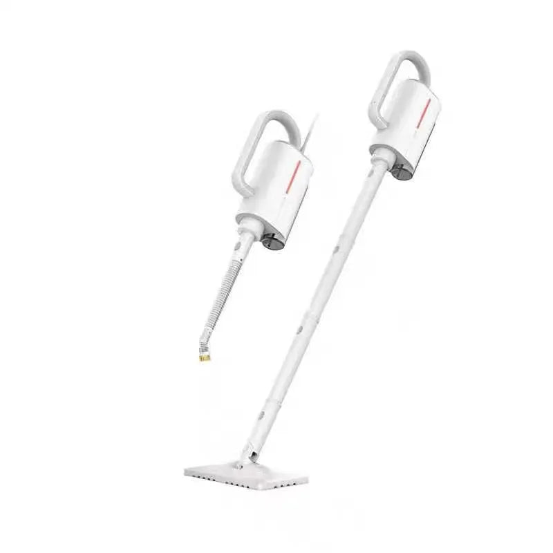 Deerma ZQ610 white steam cleaner with five brush heads, glass scraper, and corrugated pipe on a light background