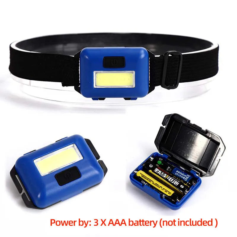 Compact black COB LED headlight with adjustable polyester headband on a dark background.