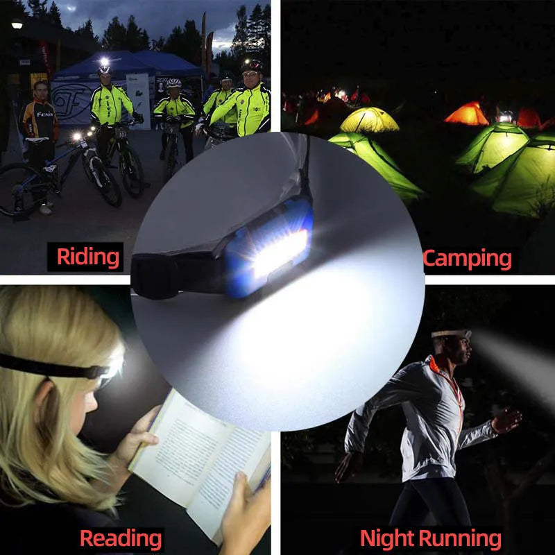 Compact black COB LED headlight with adjustable polyester headband on a dark background.