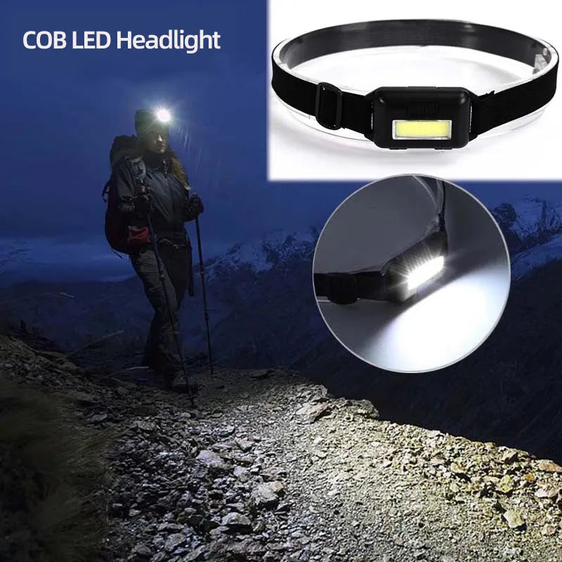 Compact black COB LED headlight with adjustable polyester headband on a dark background.