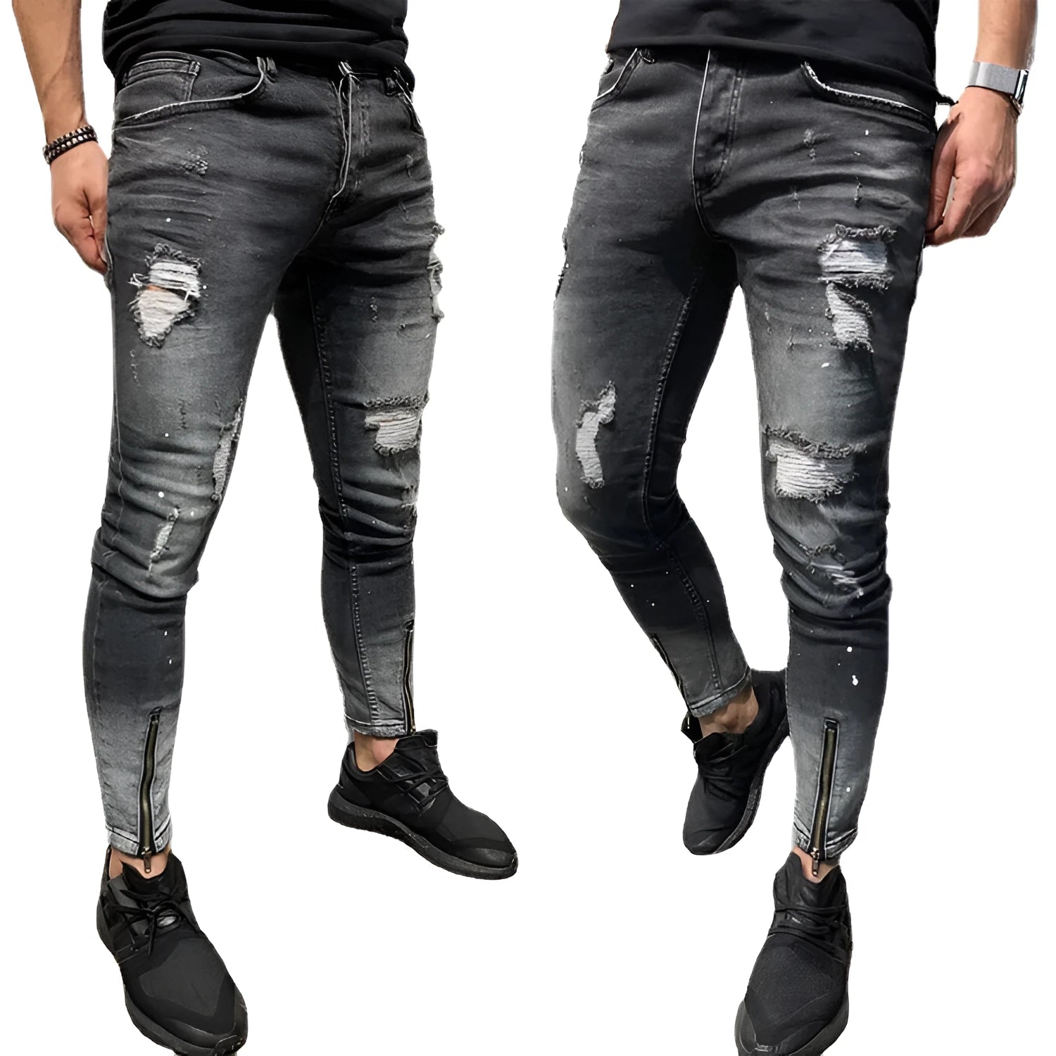 Men's black ripped denim jeans with zipper and elasticated ankle cuffs, shown flat on surface.