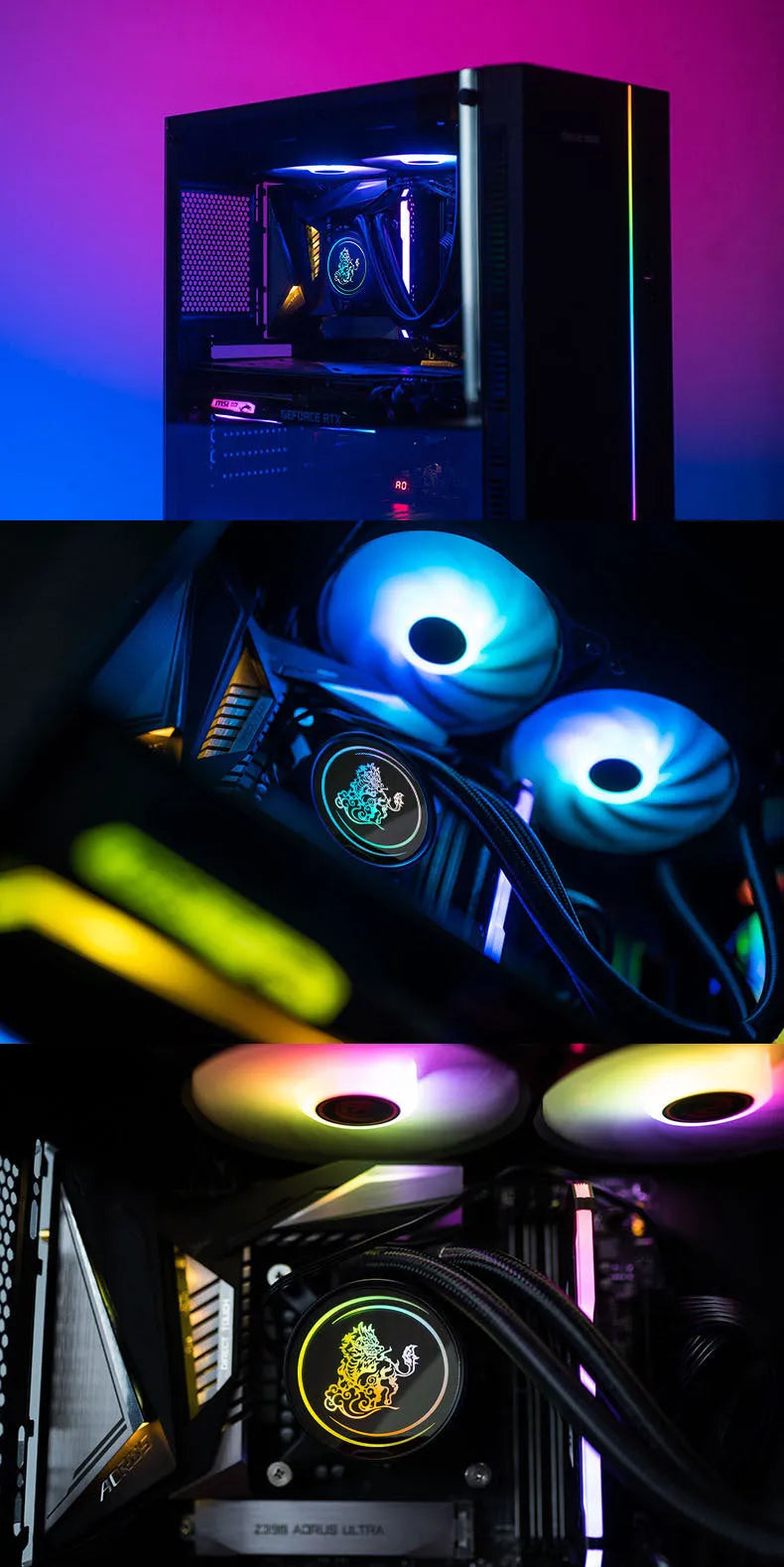 Kirin 240mm ARGB CPU water cooling radiator with colourful lighting and copper-aluminum construction
