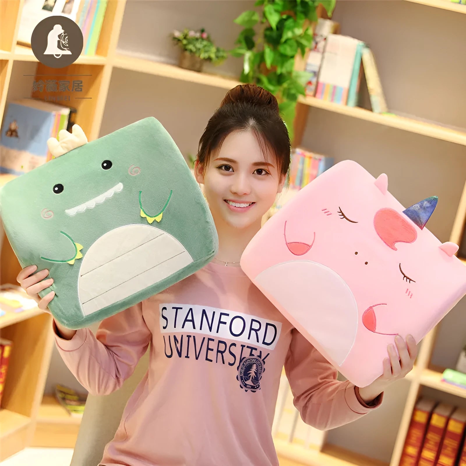 Cartoon character lumbar support pillow with removable memory foam core in pink unicorn design on office chair.