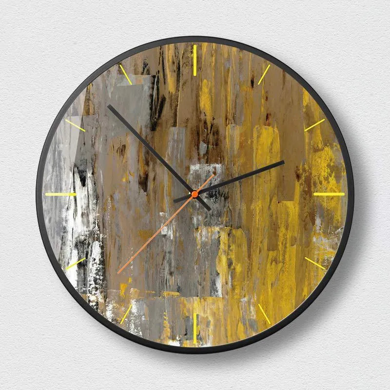 Round abstract art wall clock in black on a wall, showing hour and minute hands