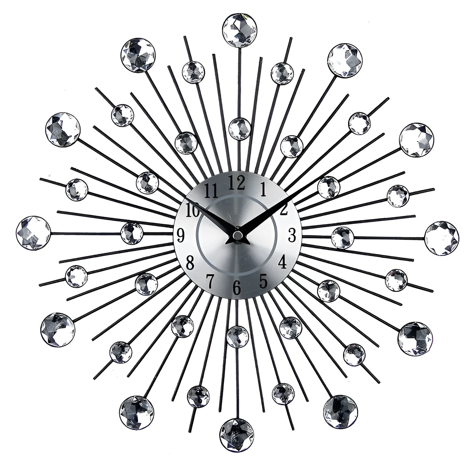 33cm round silver metal wall clock with aluminium dial on a wall