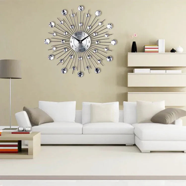 33cm round silver metal wall clock with aluminium dial on a wall