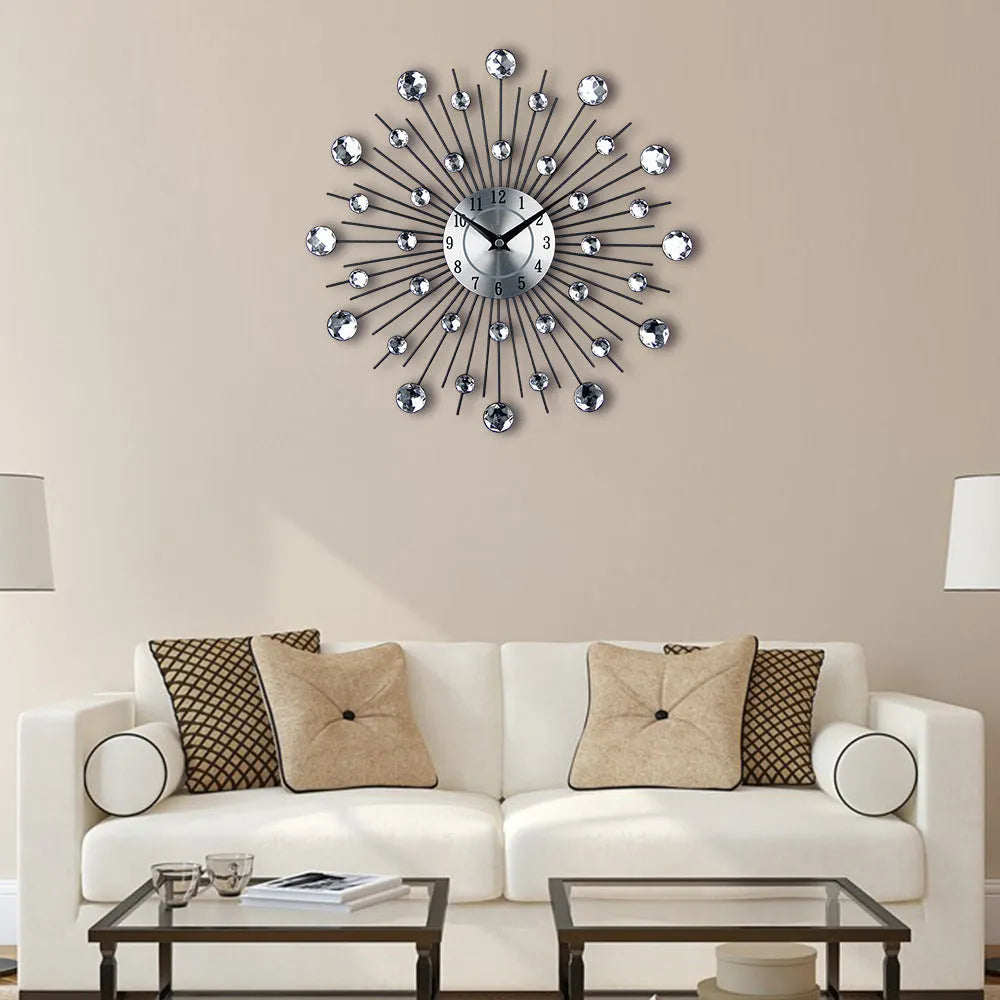 33cm round silver metal wall clock with aluminium dial on a wall