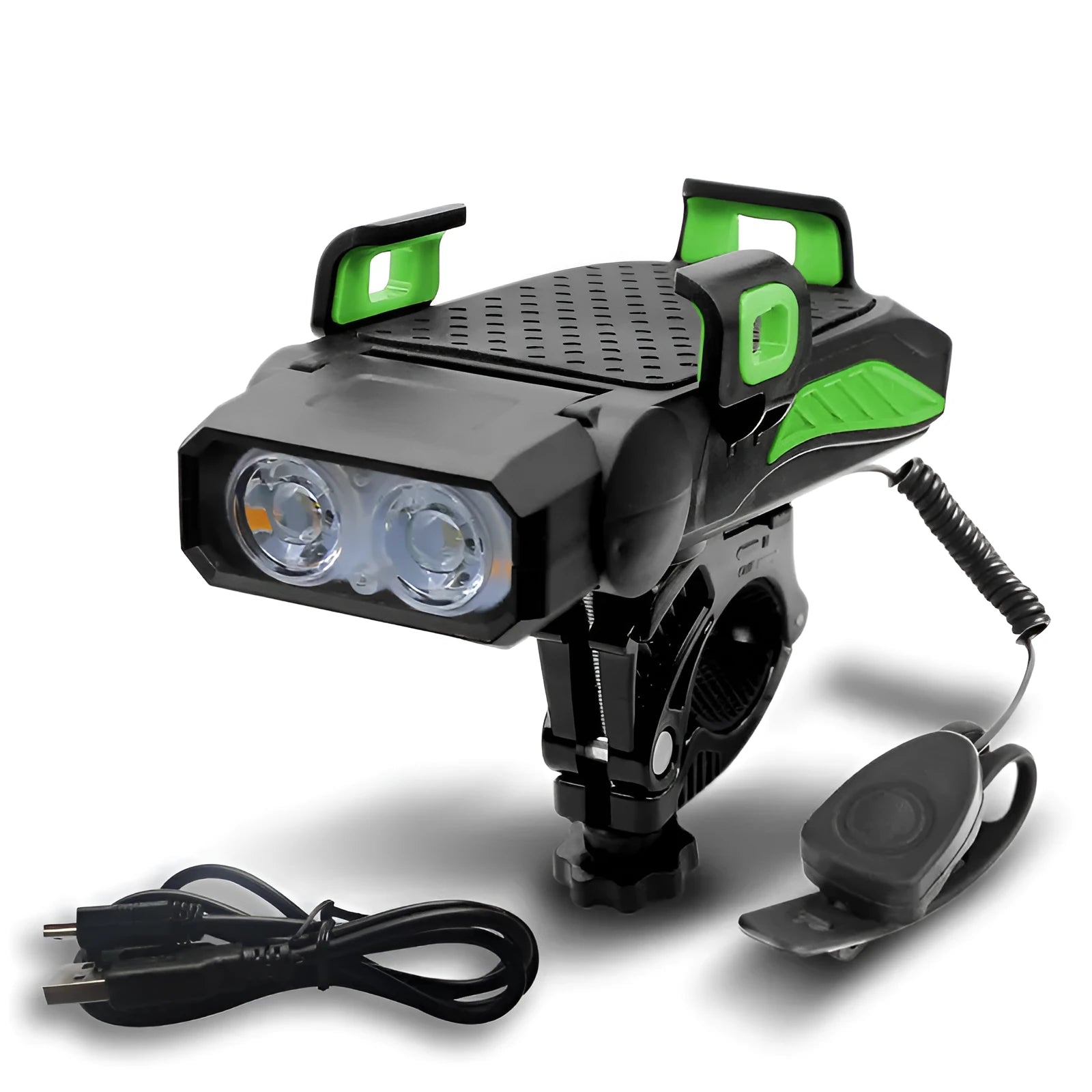 Rechargeable bicycle safety light in black, mounted on bike handlebars, with USB cable.
