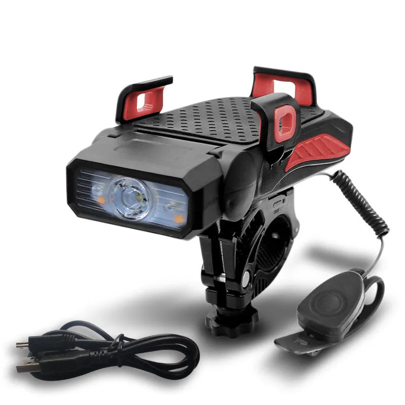 Rechargeable bicycle safety light in black, mounted on bike handlebars, with USB cable.