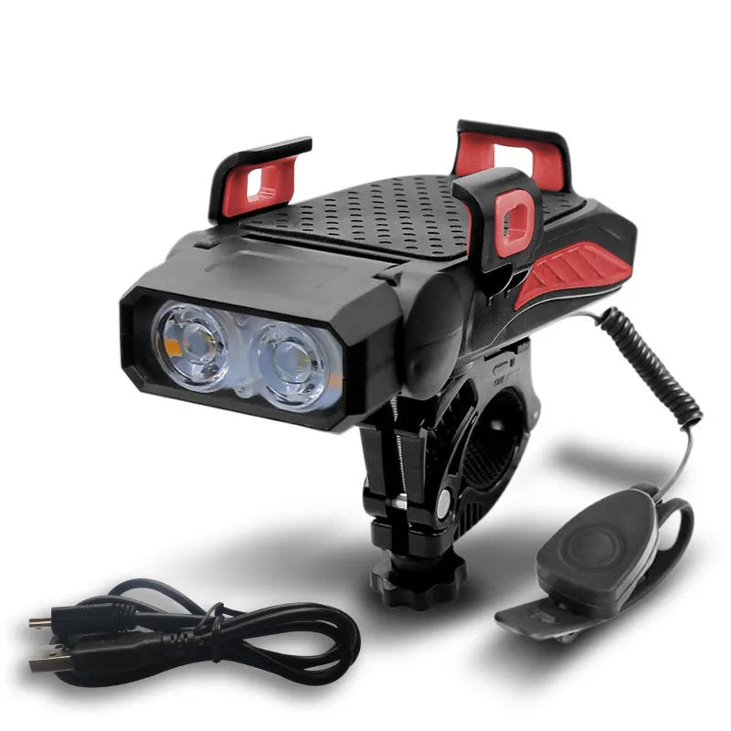 Rechargeable bicycle safety light in black, mounted on bike handlebars, with USB cable.