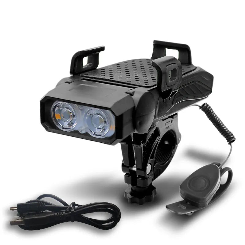 Rechargeable bicycle safety light in black, mounted on bike handlebars, with USB cable.