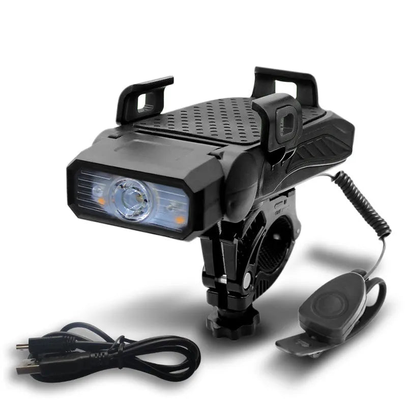 Rechargeable bicycle safety light in black, mounted on bike handlebars, with USB cable.