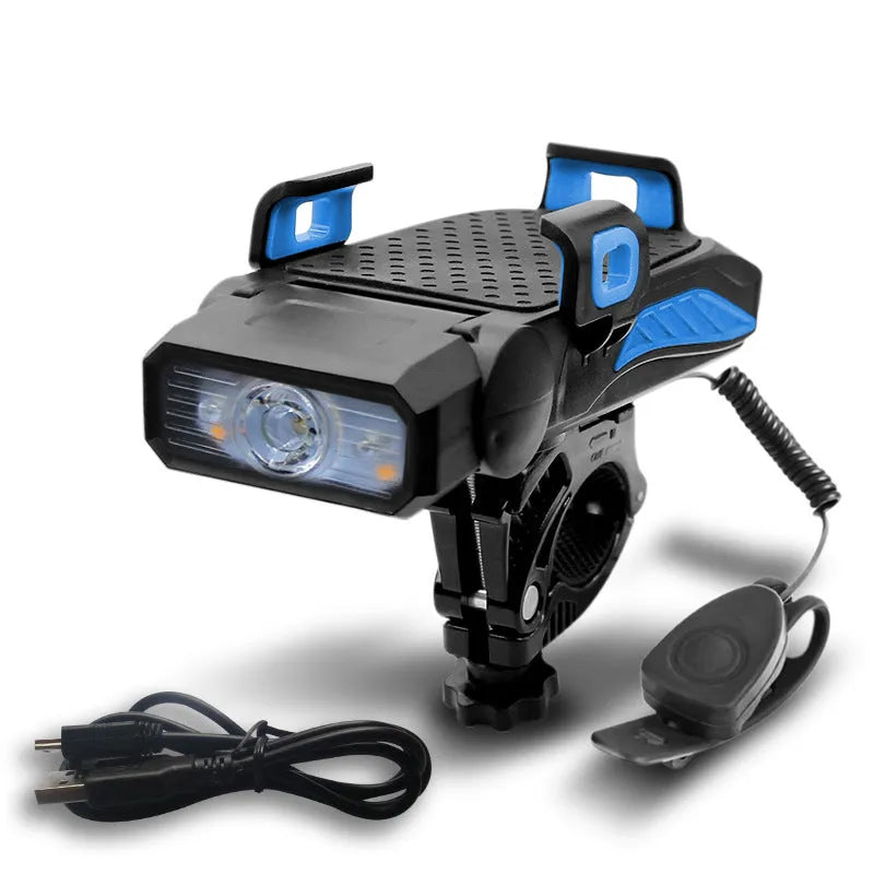 Rechargeable bicycle safety light in black, mounted on bike handlebars, with USB cable.