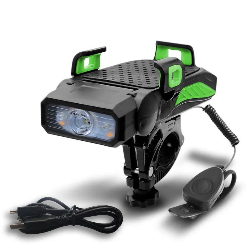 Rechargeable bicycle safety light in black, mounted on bike handlebars, with USB cable.