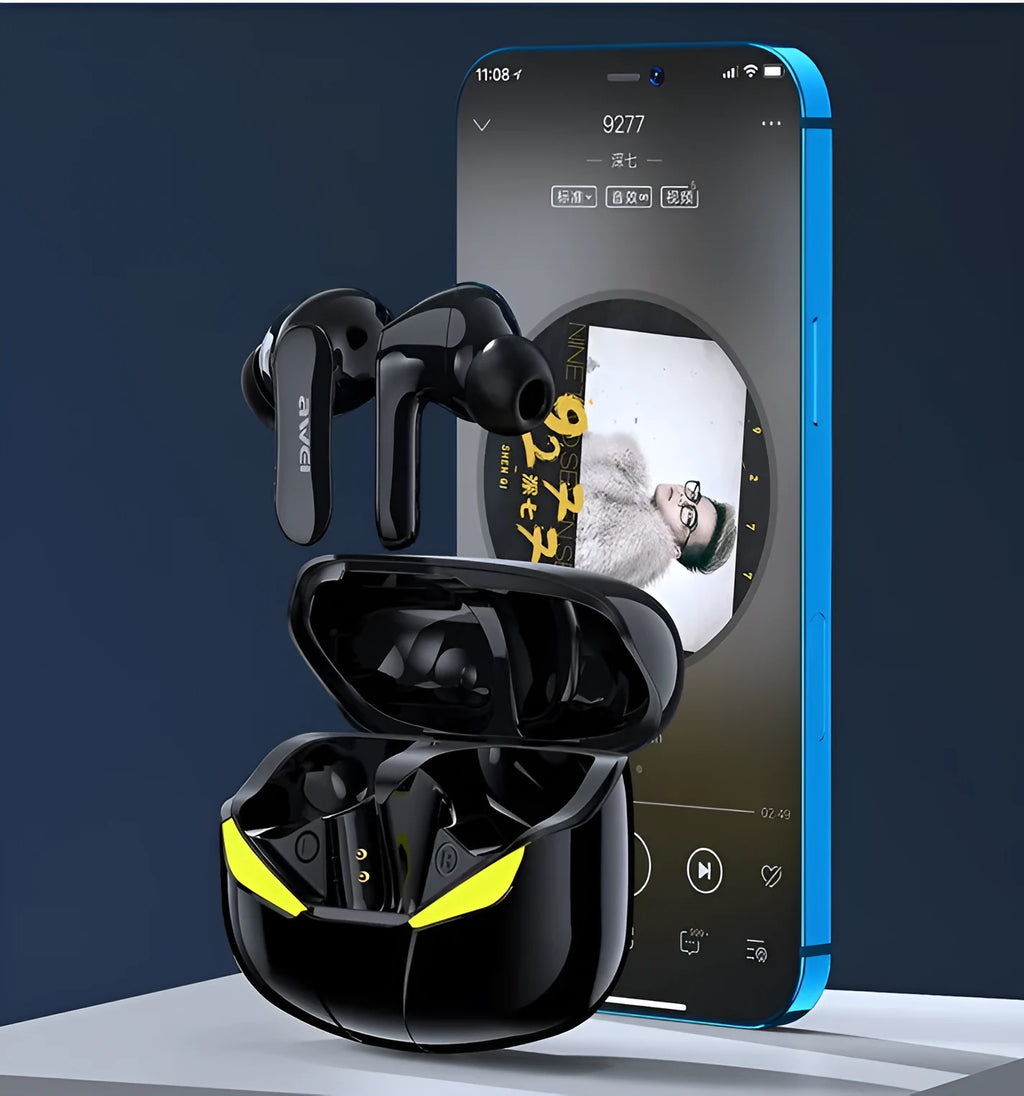 Wireless low-latency gaming Bluetooth headset in black with earplug design and battery display